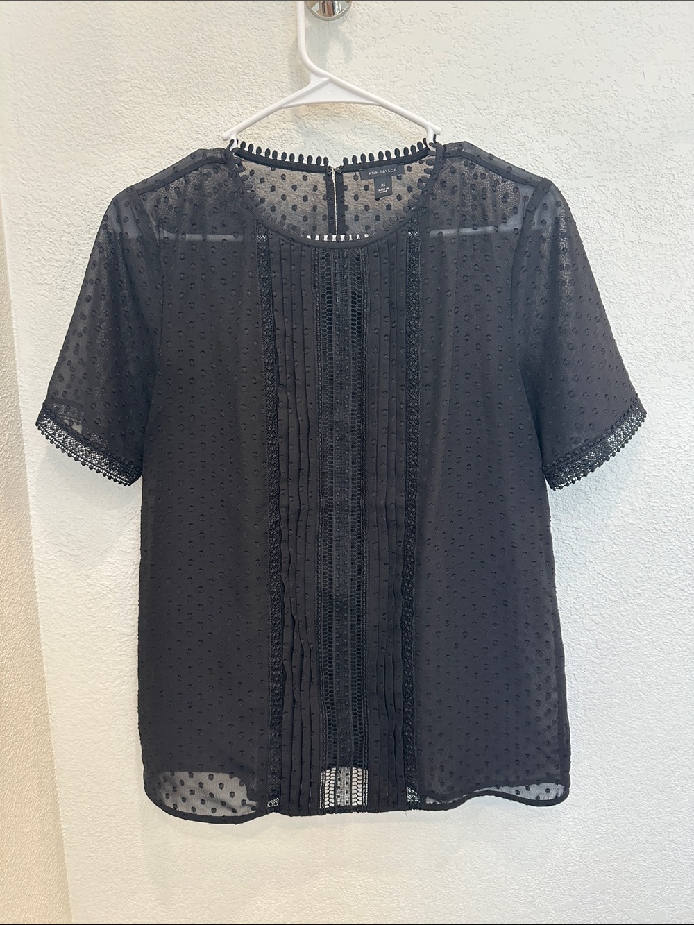 Ann Taylor Black Swiss Dot Pintuck Lace-Trim Blouse